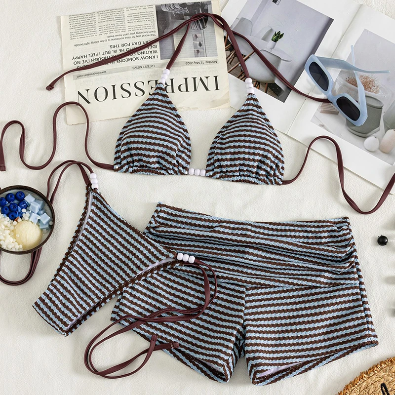Women's Swimsuit 2026 Retro Beading Stripes Bikini Split Bathing Suit Low Waist Lace Up Bikinis Sets Shorts Three Piece Swimwear
