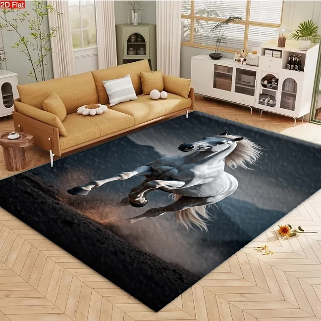 Running White Stallion Horse Carpet Flooring, Powerful Animal Non-Slip Floor Rug for Living Room Bedroom Home Decoration