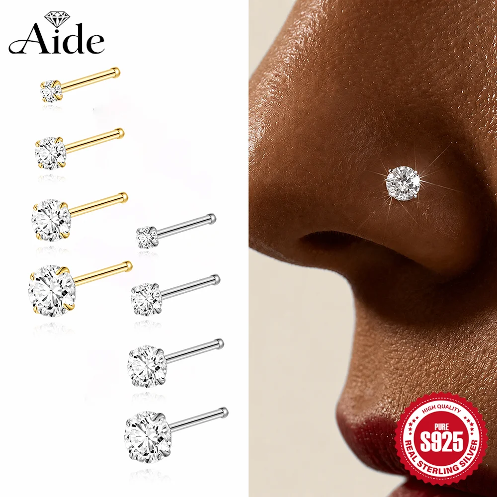 AIDE 925 Sterling Silber Klassischer Vier-Krallen-Diamant-Nasenstecker und Ohrstecker für Damen – Exquisites Mini-Piercing in verschiedenen Größen