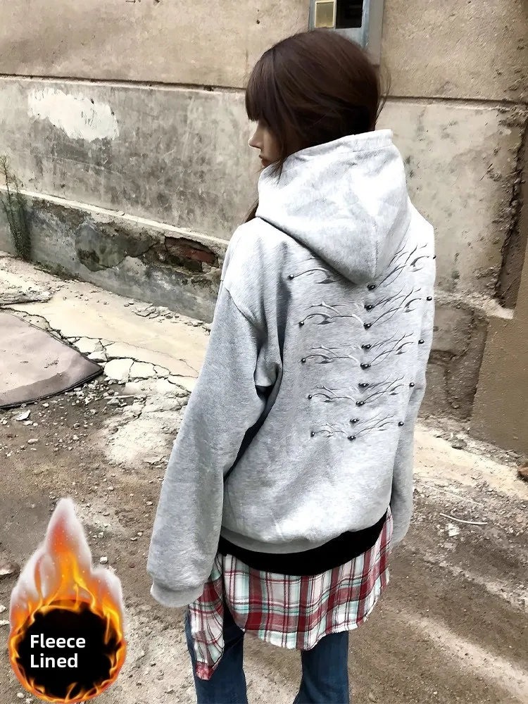 

Retro American Spine Rivet Embroidered Fleece Hoodie Women's Loose Cleanfit Couple Jacket Street Style Long Sleeve Polyester ...