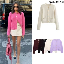 2025 Women's Knitted Cardigan Sweater Golden Buttons Front Patch Pockets Long Sleeve Female Outerwear Chic Tops