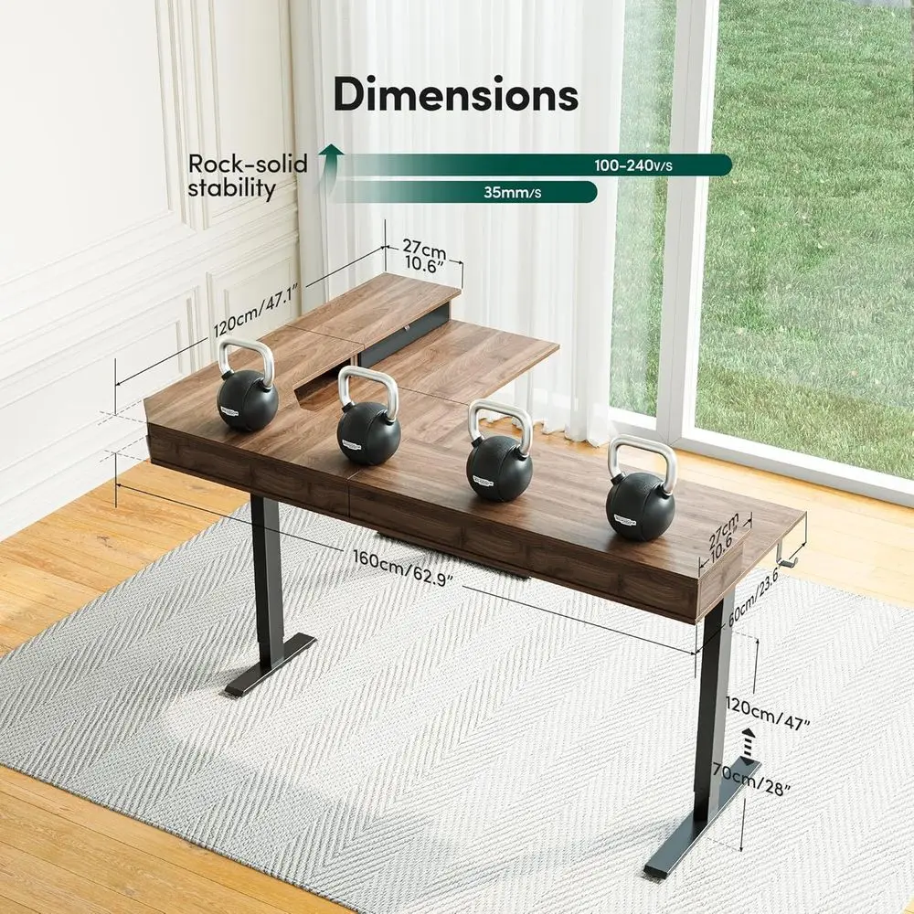 L-Shaped Electric Desk, 63x48 Large with Reversible Top, 2 Memory Heights | Home Office & Gaming Adjustable Table, Black Walnut