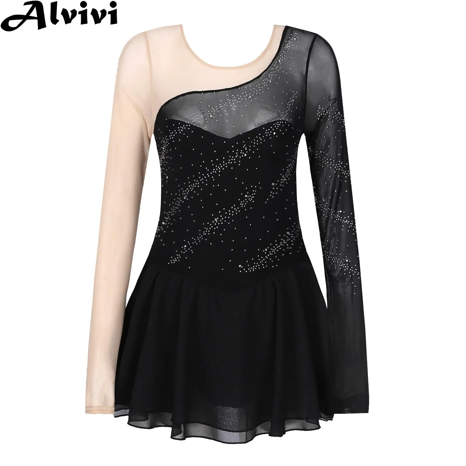 Women Long Sleeve Figure Skating Dress Sheer Mesh Rhinestone Ice Ballet Dance Leotard Dresses Stage Performance Clothing