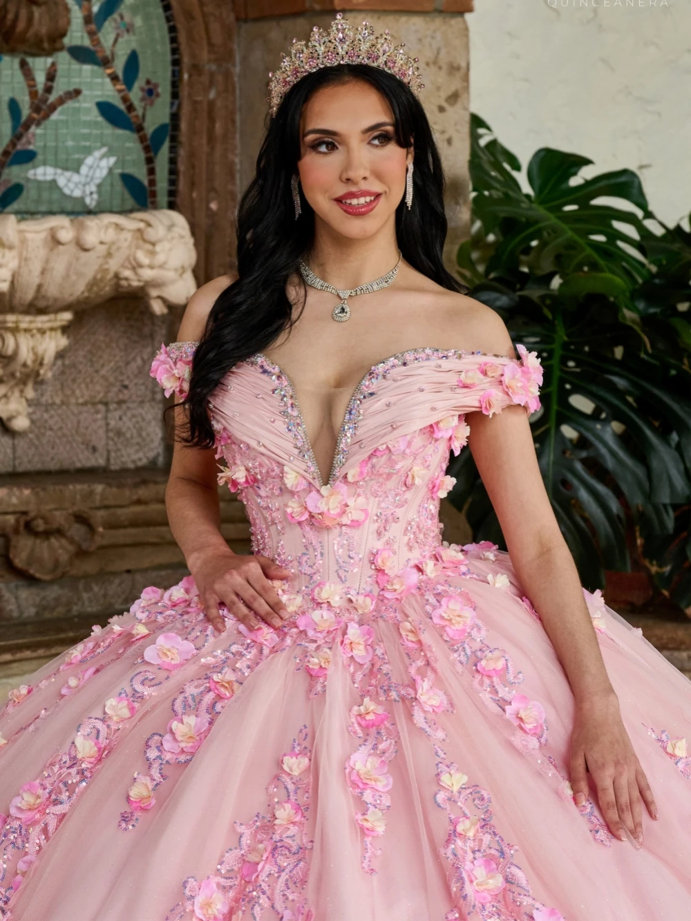 Rosa fora do ombro vestido de baile quinceanera vestidos glitter contas lantejoulas princesa vestido de baile vestidos de 15 quinceañera