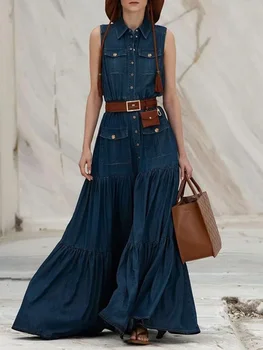 Vrouwen Mode Denim Tank Jurk Turn Down Coallr Vintage Geplooide A-lijn Zomer Casual Retro High Street Zakken Jurken 2024