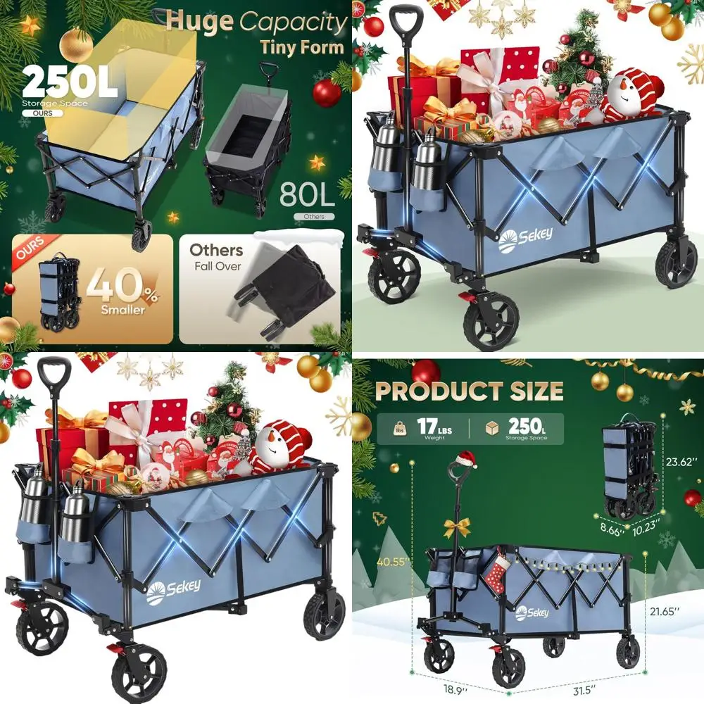 

Heavy-Duty All-Terrain Folding Wagon with 330 lbs Capacity, Blue, Big Wheels & Drink Holders