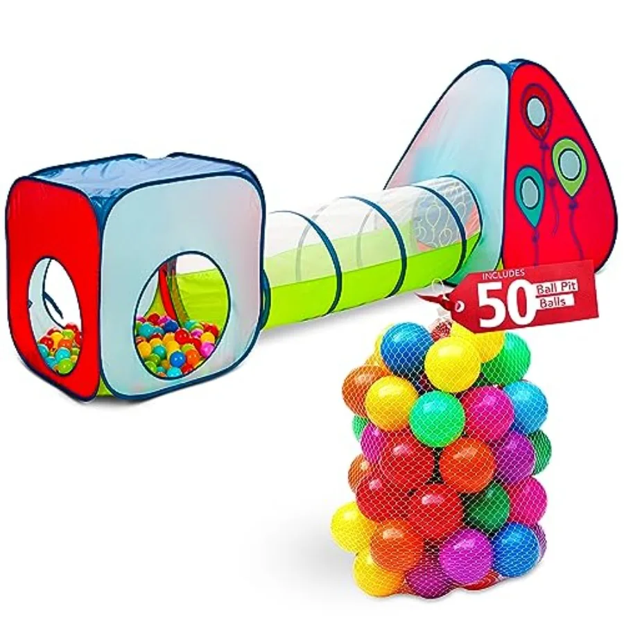 

Indoor Outdoor 3-in-1 Pop-Up Play Tent Crawl Tunnel Ball Pit Set with 50 Balls Durable Polyester Playhouse in Blue/Red/Yellow L
