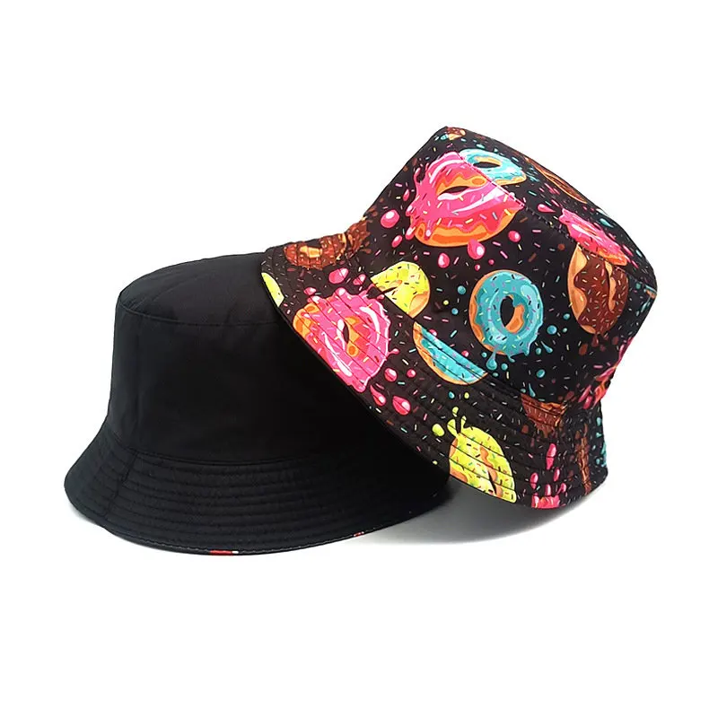 2023 Four Seasons Cotton Cartoon Donuts Print Bucket Hat Fisherman Hat Outdoor Travel Sun Cap for Men and Women 226