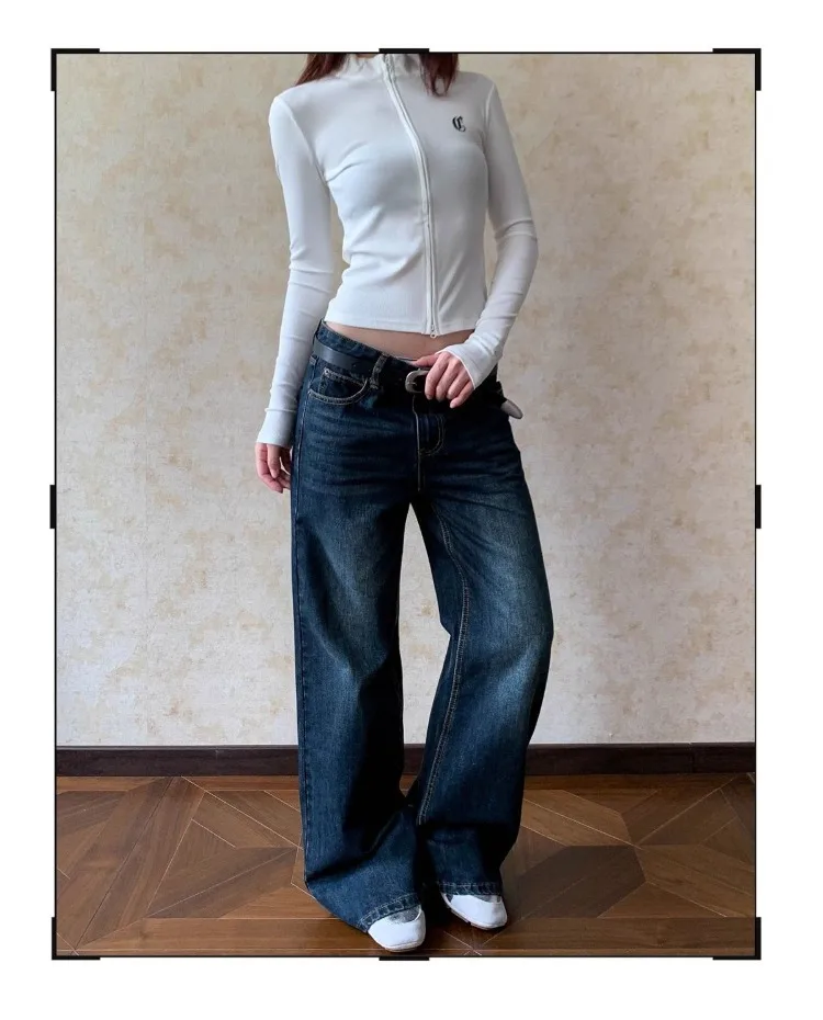 Women's Retro Cat Whisker Straight Leg Micro Flared Jeans Cool Girl Streetwear Wide Leg Trouser Female Casual Vintage Denim Pant