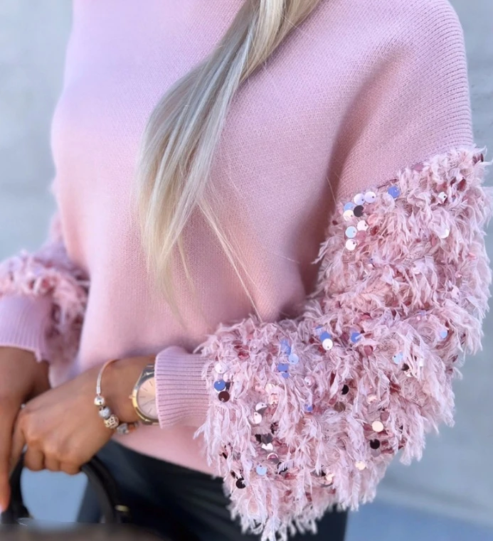 2025 Autumn Winter Spring New Fashion Casual Elegant Contrast Sequin Fluffy Detail Long Sleeve Knit Sweater Casual Pullover Top