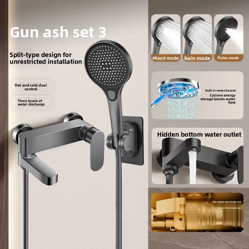 All Copper Shower Faucet Set Three Valve Mixer Bathroom Shower System Shower Head and Handle Set Shower Head Set Silver Gray view 2