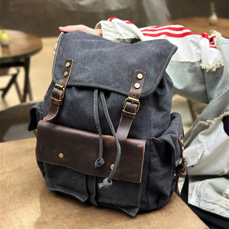 

Retro Leather And Canvas Backpack for Men And Women Outdoor Travel Casual Commuter Bag with 16 Inch Computer Compartment