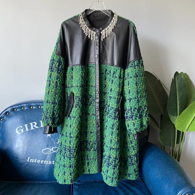 ファッショナブルな牛革パッチワークジャケット、ルーズフィット、ロング丈、ランタンスリーブ、秋冬新作、レディースプレミアムレザージャケット