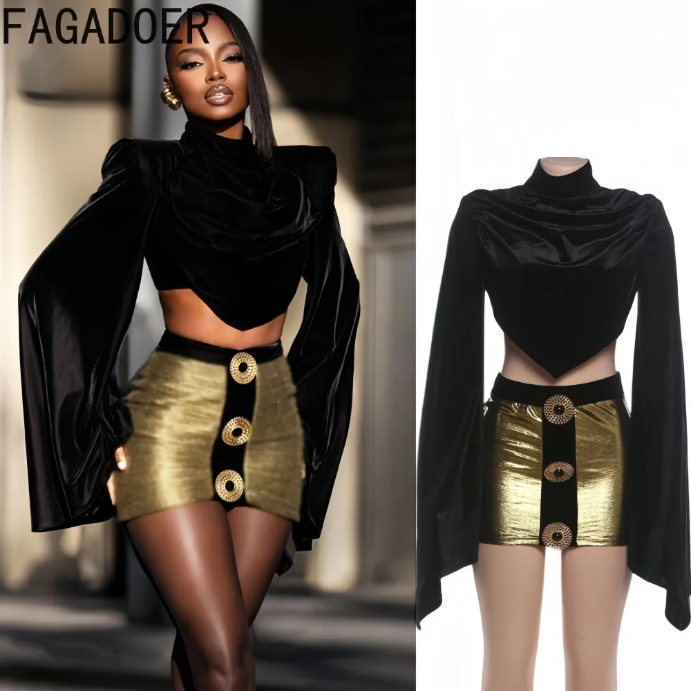 FAGADOER Women Retro 2 Piece Outfit Mock Neck Bell Sleeve Crop Top High Waist Metallic Mini Skirt Elegant Party Clubwear Set