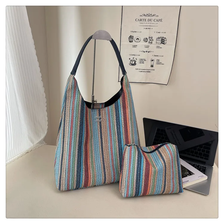 

‌2025 New Color Block Tote Bag - Woven Straw Shoulder Bag, Large Capacity Work Bag for Women, Unique & Stylish Daily Accessory