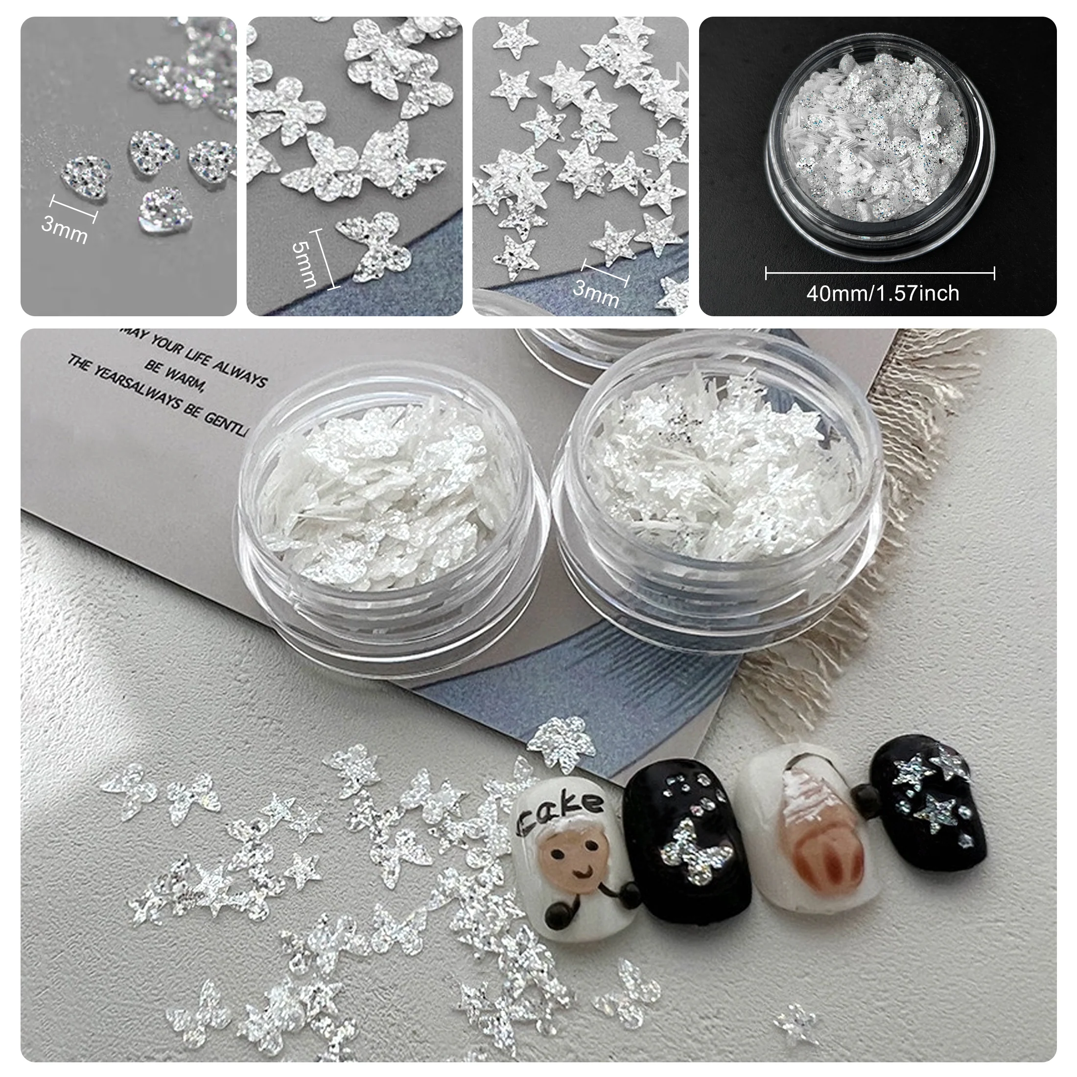 Paillettes 3D pour décoration des ongles, 1 boîte, blanc, vert, papillon, étoile, N64.Nail Salon