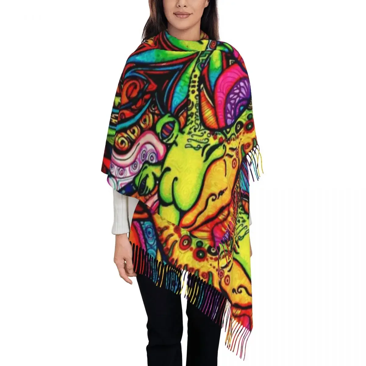 Trippy Blacklight Psychedelic Scarf for Women Fall Winter Cashmere Shawl Wrap Long Large Scarves with Tassel Ladies