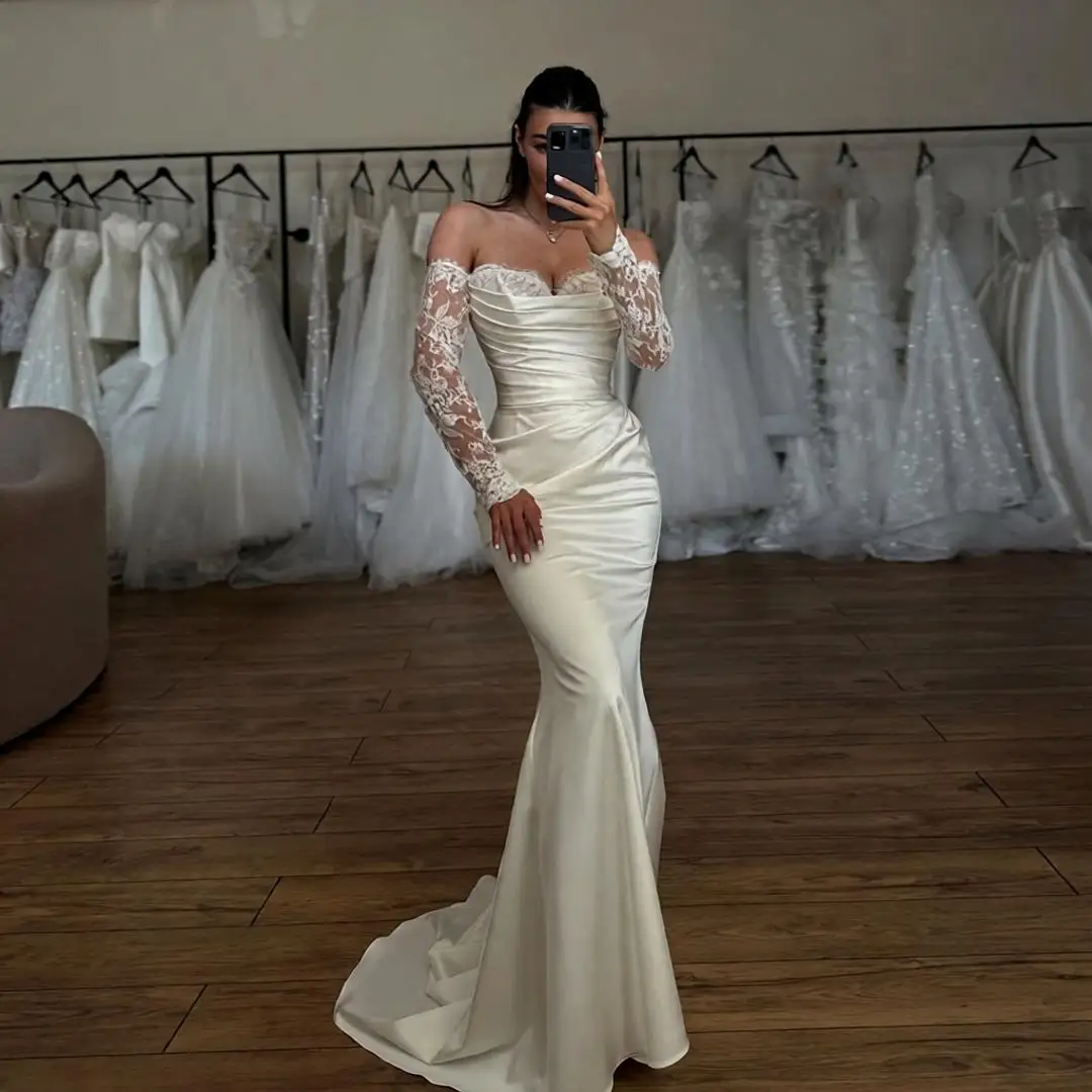 Bridal Modern Mermaid Wedding Dress for Women Satin Pleated Lace Appliques Bride Gowns Vestidos Para Mujer Customized