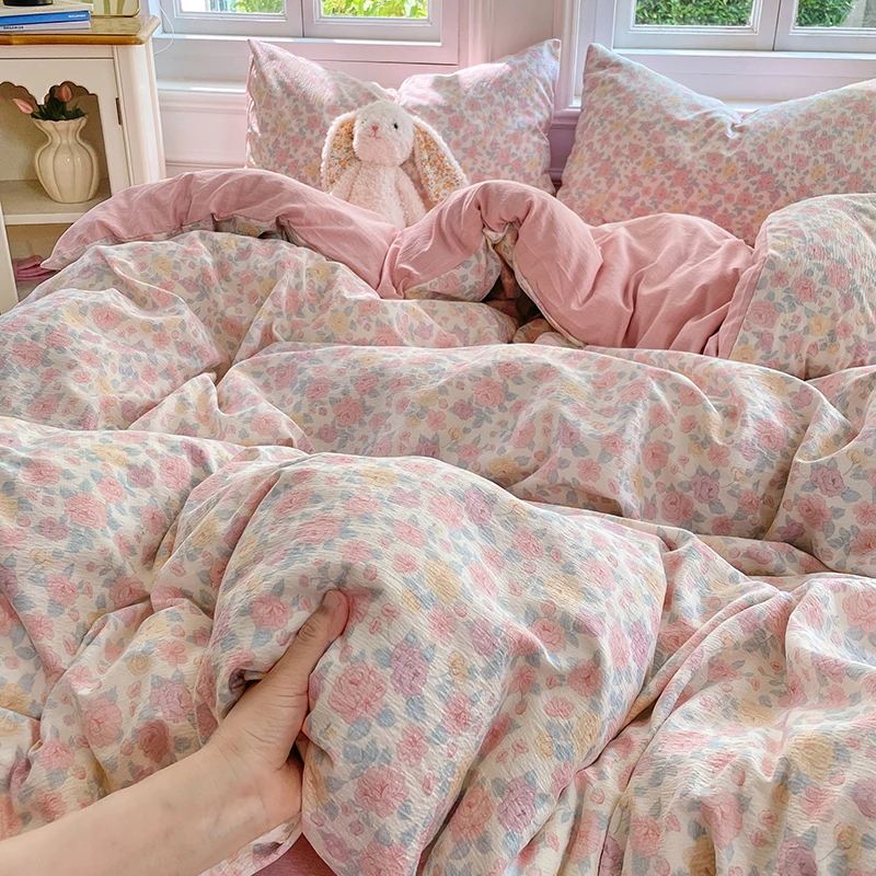 Flower Printed Duvet Cover Sets for Bed Single/Queen/King Size Double-layer Gauze Bedding Set Double Bedclothes Set for Home