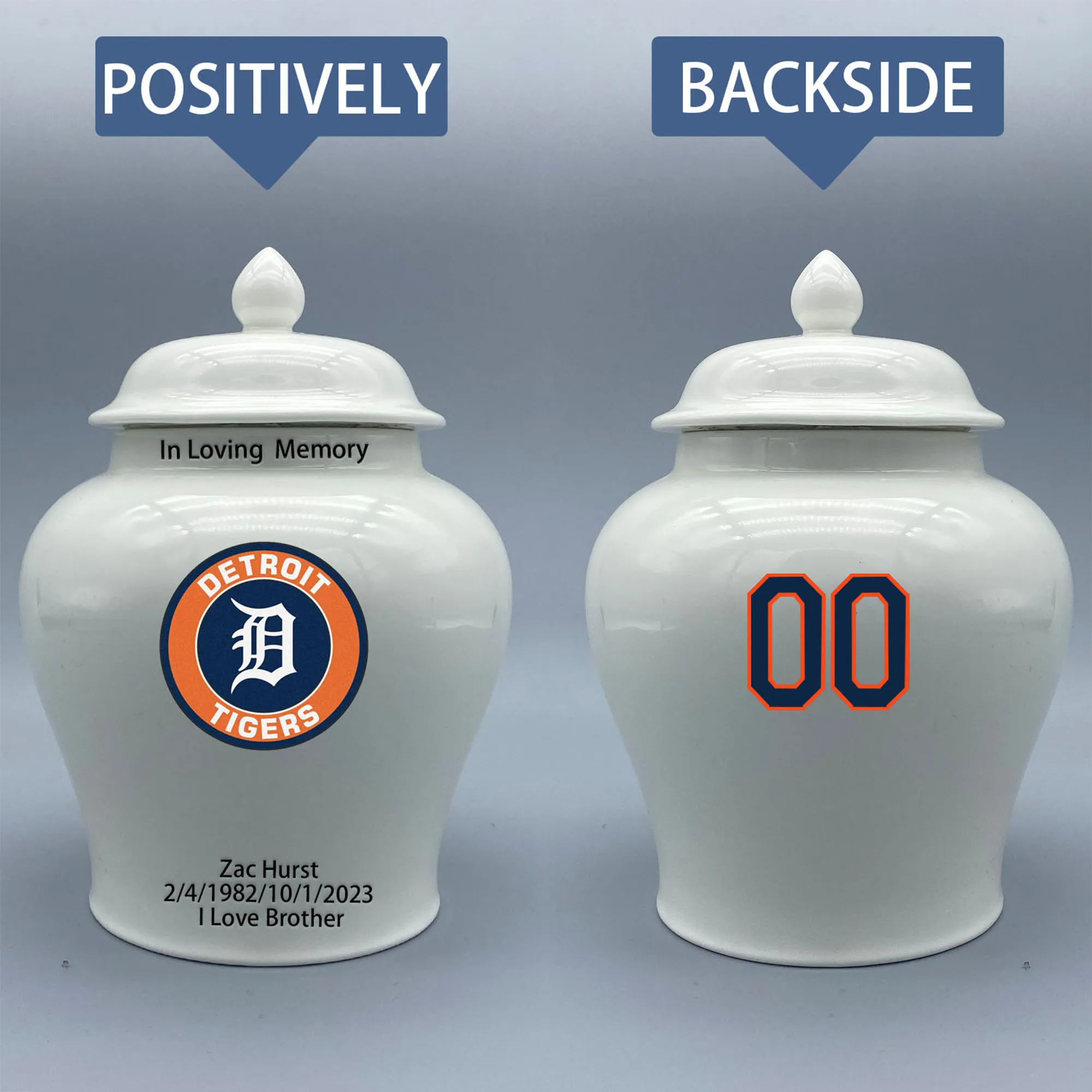 

Medium Urn for Detroit Tigers-themed Logo Urn.Please send me the customize information-name/date and number on the urn