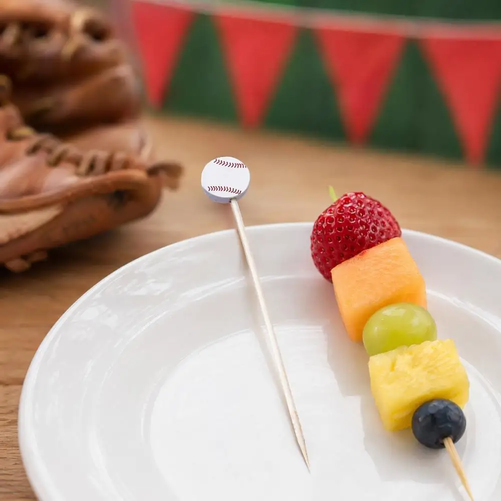 One-time Use Fruit Tags 100pcs Disposable Bamboo Cocktail Picks Sports-themed Football Baseball Rugby Decorations Sharp Tip