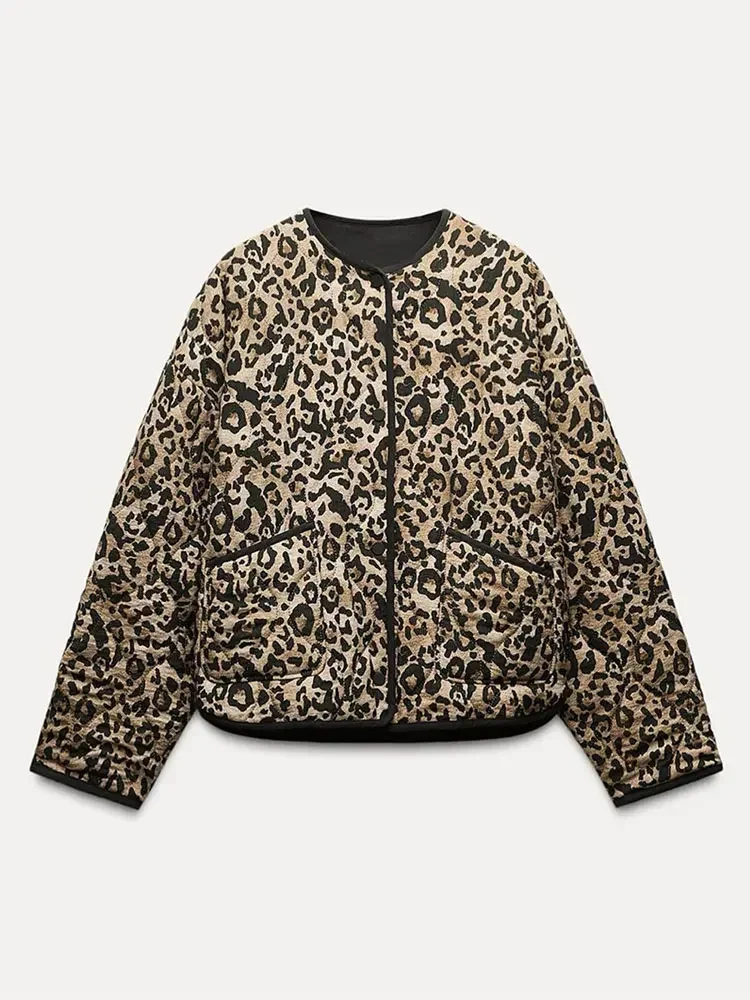 Fashion Leopard Print Quilted Winter Coats Long Sleeves Pocket O-neck Warm Women Padded Jacket Lady Casual High Street Outerwear