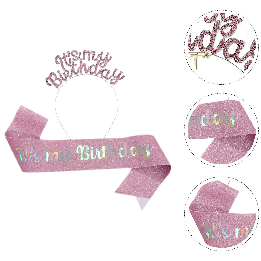 

1Set Birthday Headband Rhinestone Sash Durable Stylish Hair Decoration Party Photo Prop Women Birthday Headband