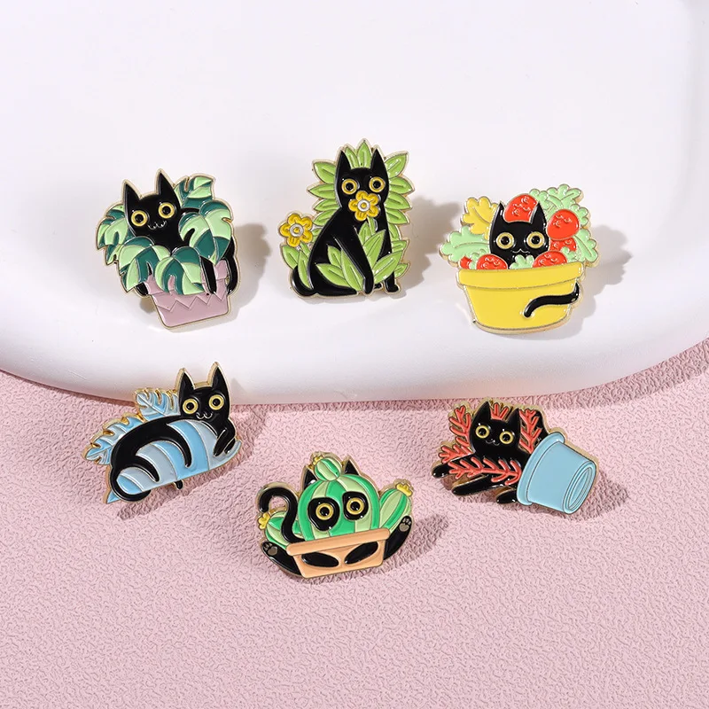 Creatieve Cartoon Zwarte Kat Geluk Bamboe Email Spelden Bloem Cactus Potjes Metalen Broche Badge Leuke Leuke Revers Sieraden Geschenken Voor Kind