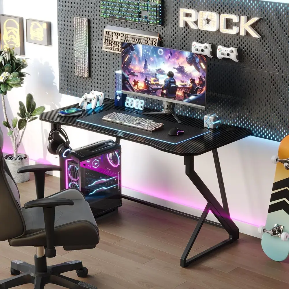 مكتب ألعاب من ألياف الكربون 40 على شكل حرف Z مع خطاف لسماعة الرأس لألعاب الكمبيوتر ومحطة العمل #5