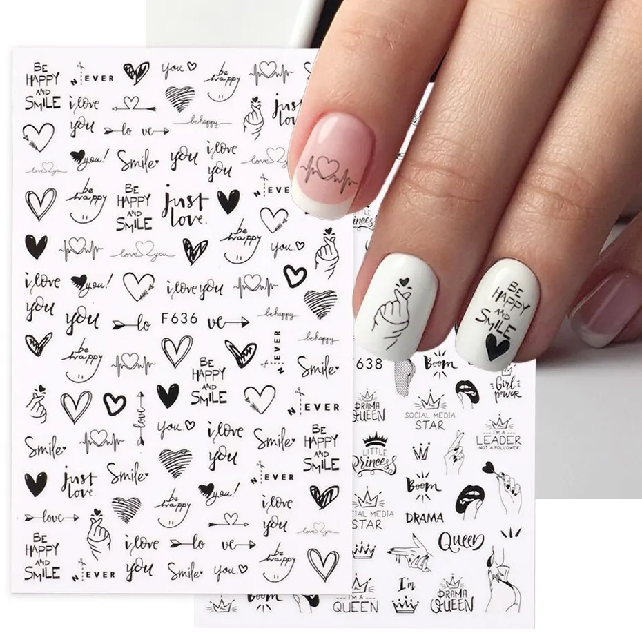 2 szt. Serce miłość projekt 3D naklejki artystyczne do paznokci angielska litera fajna dziewczyna twarz suwaki Valentine Manicure
