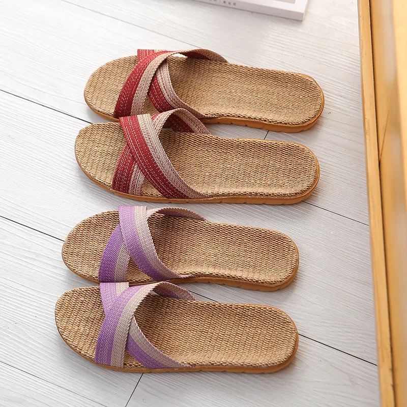 Women Shoes Slippers Flat Open Toe Linen Lightweight Slippers Summer Sandals Ladies Flip-flop For Woman Indoor House Slides