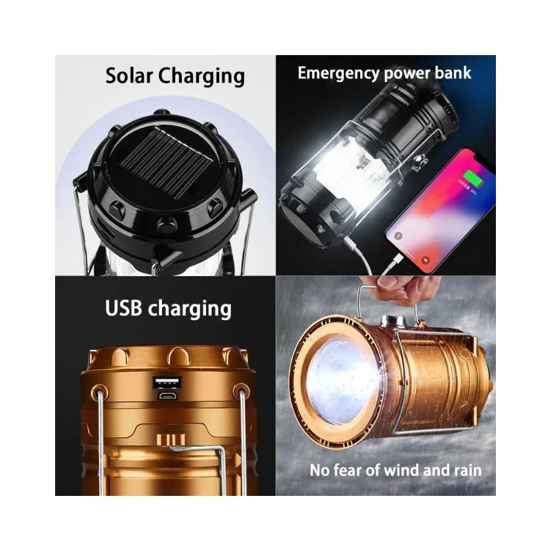 LED Camping Light Solar USB Rechargeable Portable Lightweight Foldable Outdoor Emergency Light Hiking Anti-Hurricane Flashlight