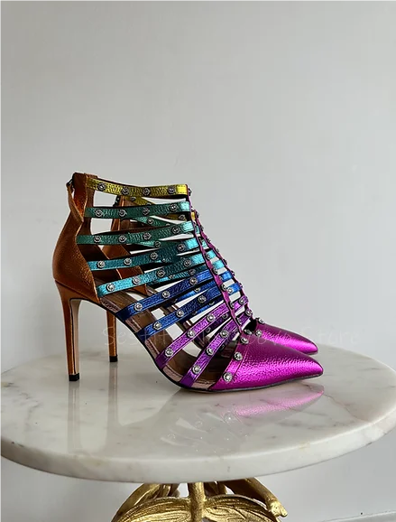 

Pointed Toe Colorful Strappy Sandals Stiletto Heels Cutouts Back Zip Summer Sandals Boots Rhinestone Decor Fashion Dress Shoes