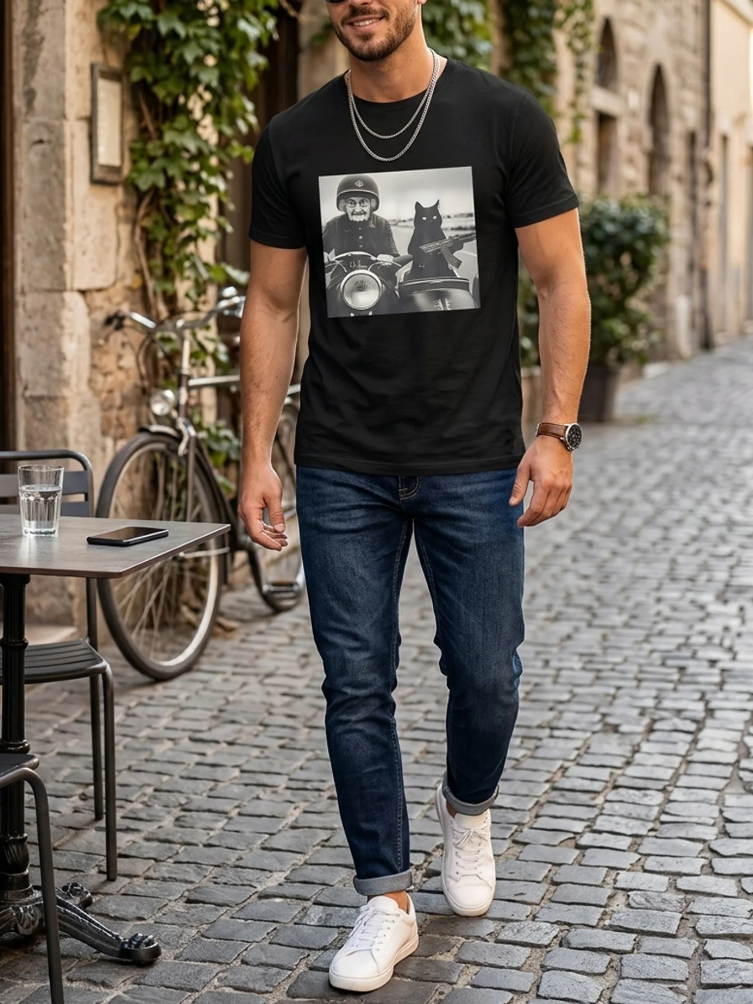Grandma and Her Armed Cat Riding Vintage Motorcycle T-Shirt Unisex T-Shirt Funny Perfect for Home Outdoor Gifting Work