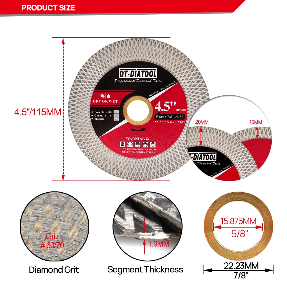 DT-DIATOOL 2 stuks Set 115mm Diamantdoorslijpschijf 4.5inch voor Keramische Tegels Porselein Marmer Grinder Wiel Arbor 22.23mm Zaagbladen