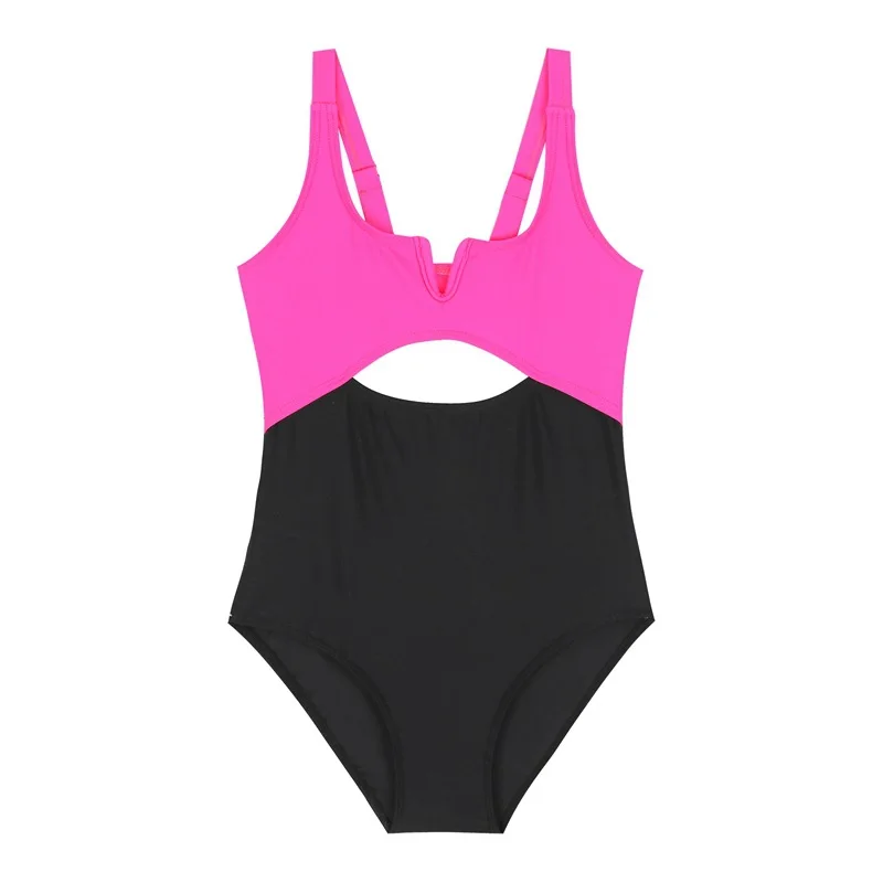 Girls Multicolor High Waisted Split Swimsuit Fashion Color Blocking Hollow Out Design Bikini Children One Shoulder Swimsuit Sets