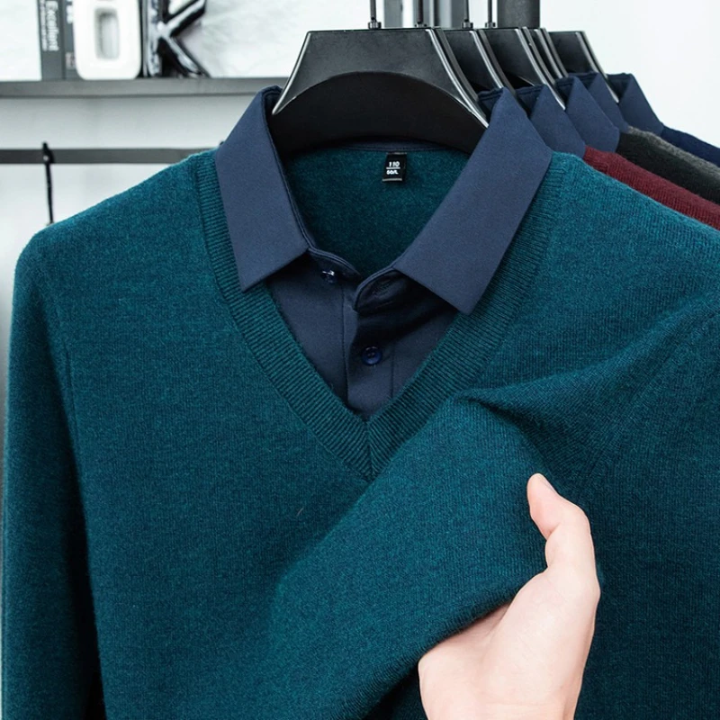 

Men's Faux Two-Layer Knit Sweater - Shirt-Style Collar Design | Autumn Winter Warm All-in-One Design Shirt Collar Knit