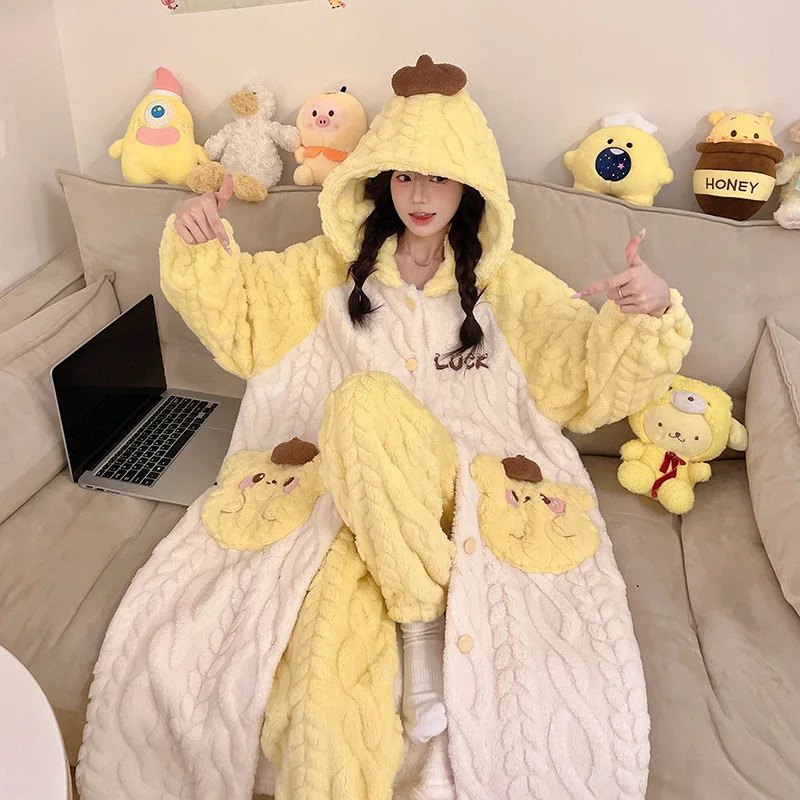 Women Winter Pajamas Set Thicken Coral Fleece Robe&pants 2 Pcs Homewear Sleepwear Cartoon Yellow Chick Pocket Hooded Loungewear