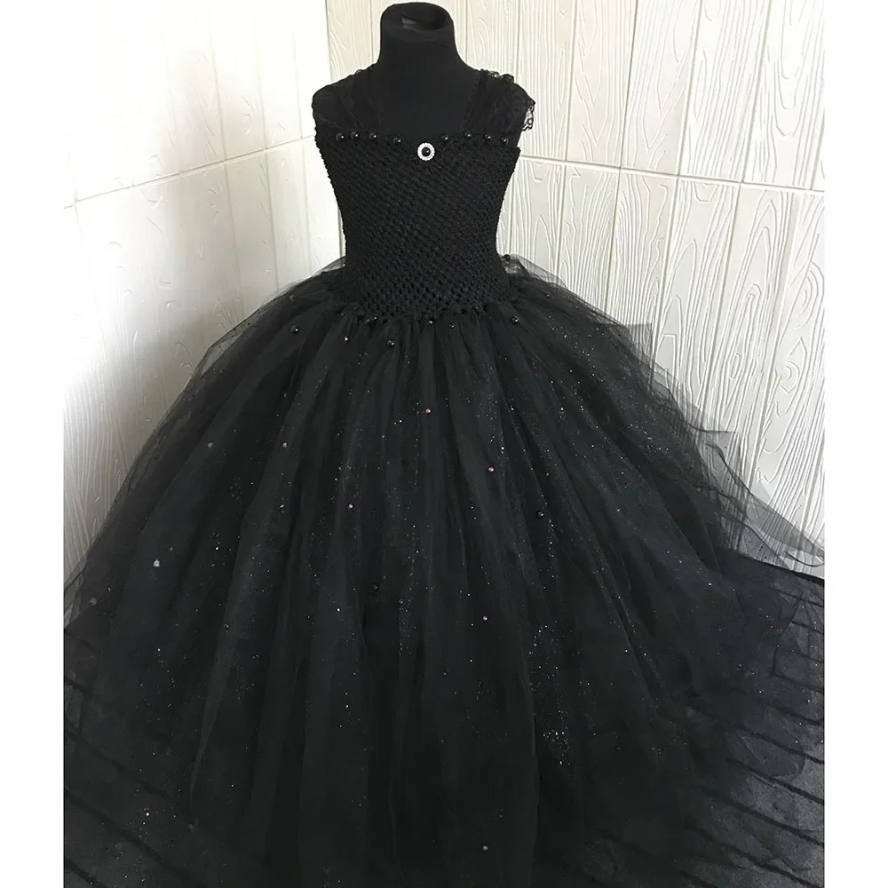 Glittery Black Girls Tutu Dress Lace Straps Pearls Tulle Girls Princess Dress Ball Gown Ankle-Length Kids Birthday Party Dresses