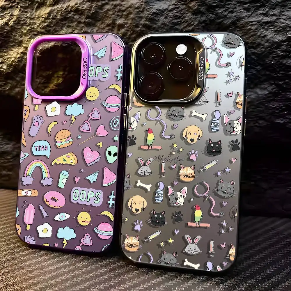 

Cute Cartoon Sticker Patterns Phone Case For IPhone 17 16 15 14 13 12 11 Plus Pro Max Multicolor Aurora Laser Shockproof Funda