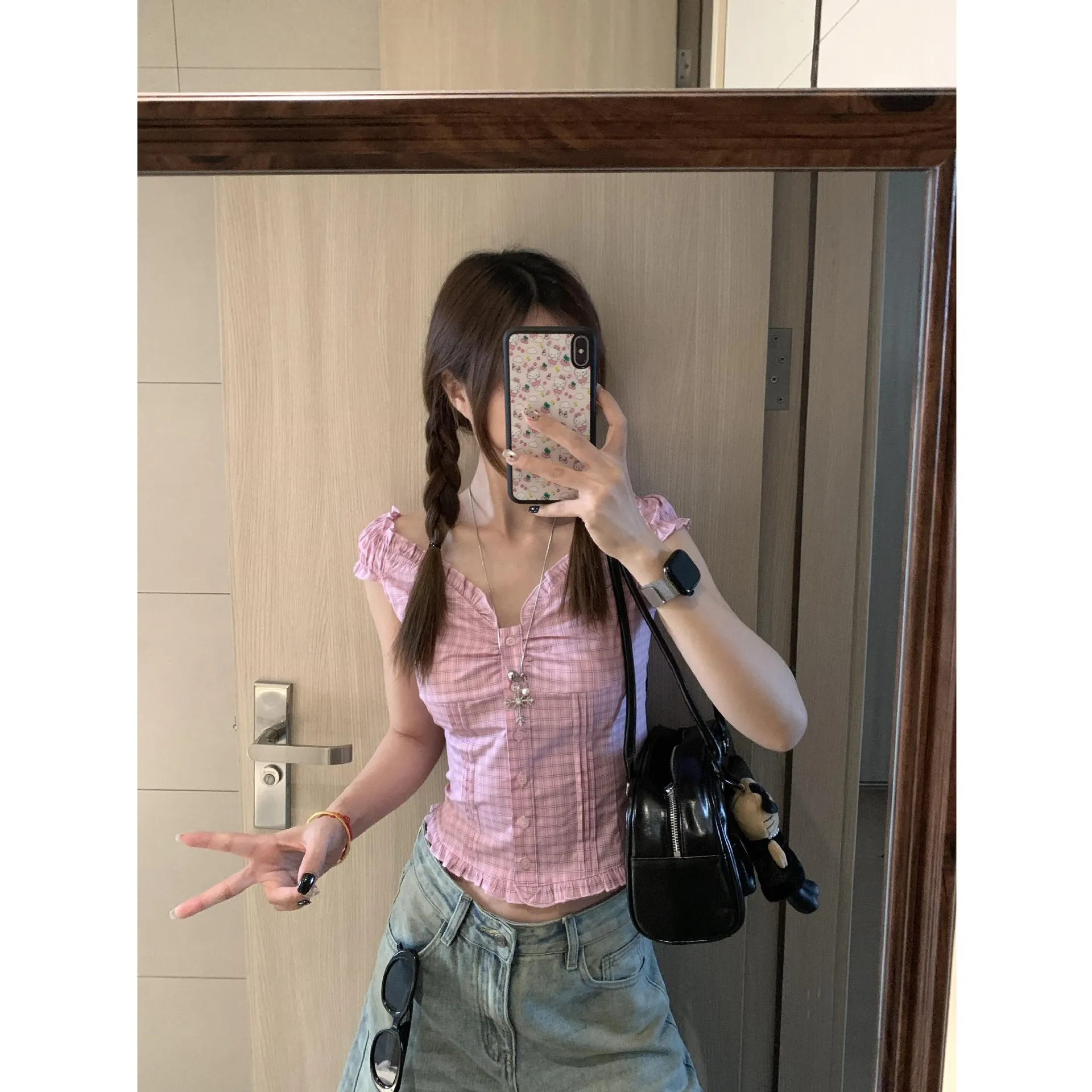 

2026 New Y2K Pink Plaid Off Shoulder Top for Women 2 Way Wear Ruched Ruffle Slim Fit Crop Top Summer Retro Casual Blouse Tank