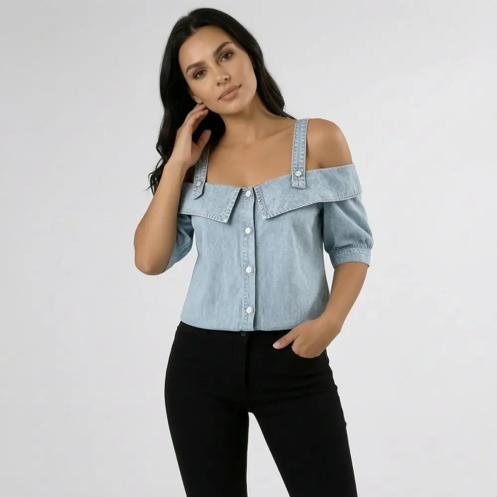 Skin-friendly Fabric Shirt Women Denim Shirt Off Shoulder Lapel Top Short Sleeve Loose Fit Blouse Workwear Party Vacation