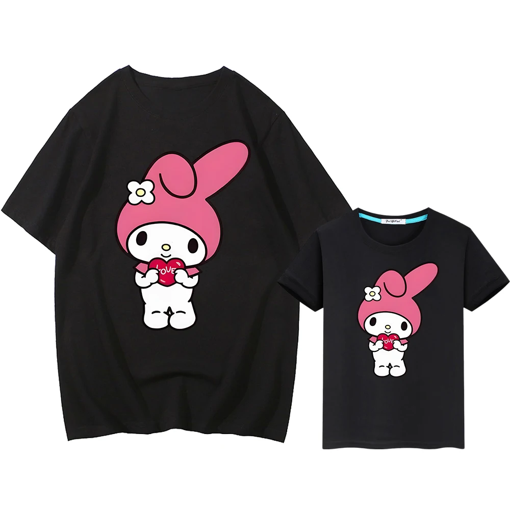 Melody Print Summer Anime Short mommy and daughter matching clothes Sanrio 100%Cotton Cute Tops boy girls T-shirt y2k kids gift