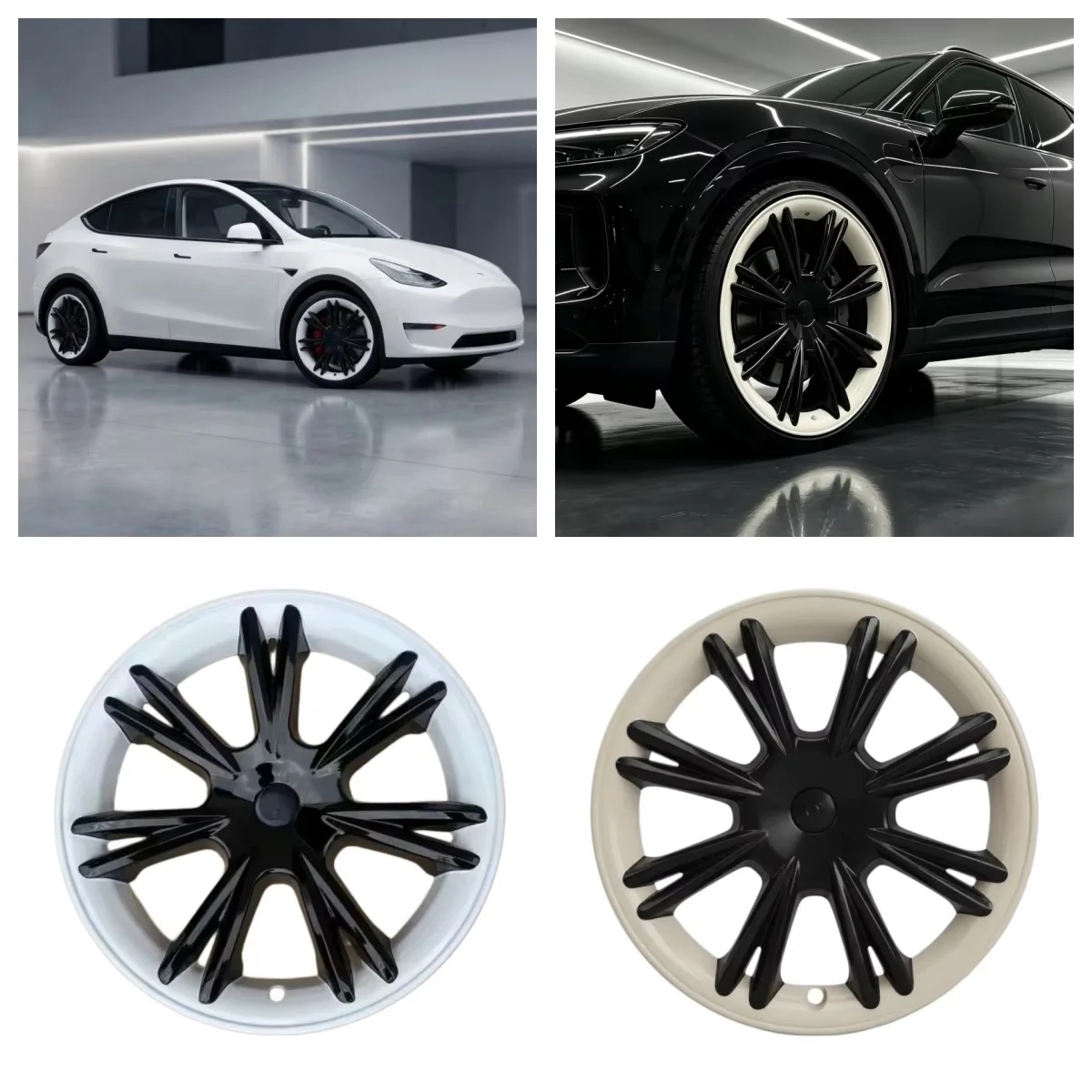 4Pcs 19in Wheel Hub Caps Black White Rim Covers Protector for 2021-2024 Model Y Full Coverage Exterior Styling Trim