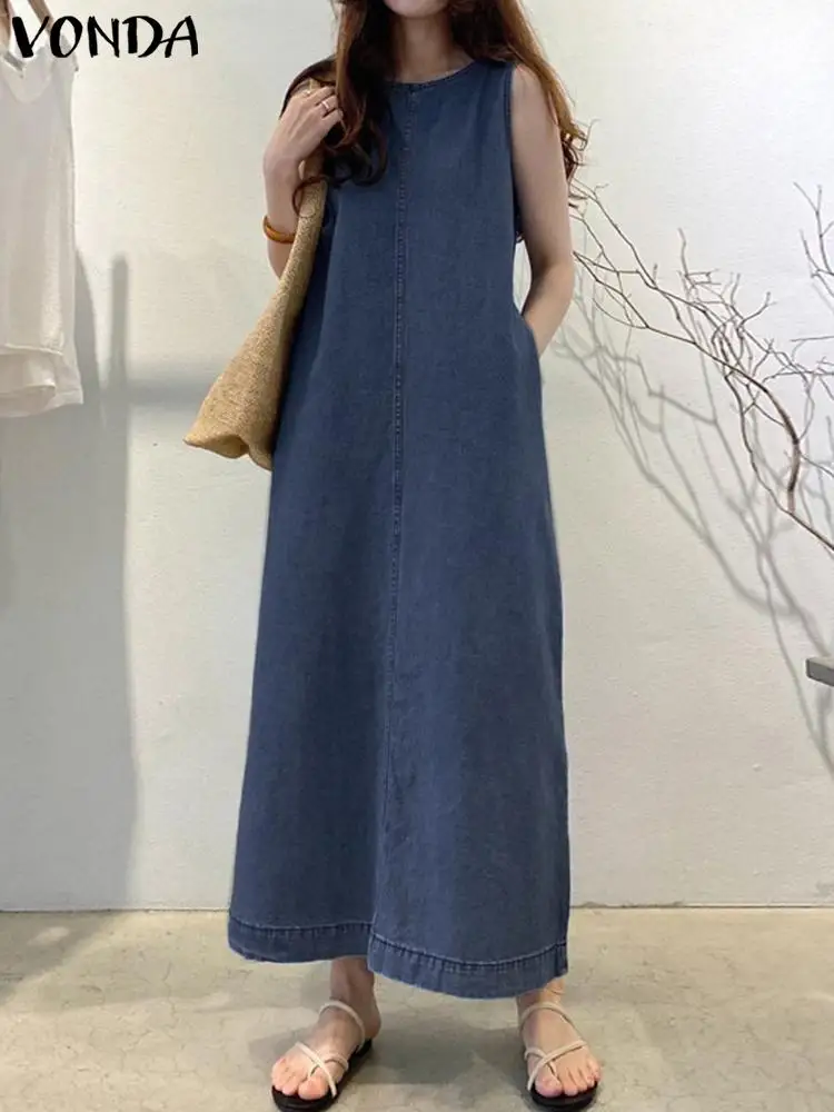 VONDA 2024 Summer Elegant Long Sundress Women Denim Pleated Fashion Casual Loose Sleeveless Robe A-Line Maxi Vestido Oversized