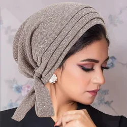 New Trendy Long Tail Strap Hijab Turban Hats Muslim Solid Color Head Wraps Elastic Breathable Chemo Cap For Women Girls Turbante