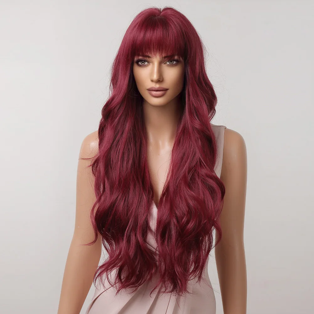 Burgundy Dark Red Synthetic Wigs Long Wavy Wine Red Cosplay Wig with Bangs for Women Natural Body Wave Halloween Heat Resistant