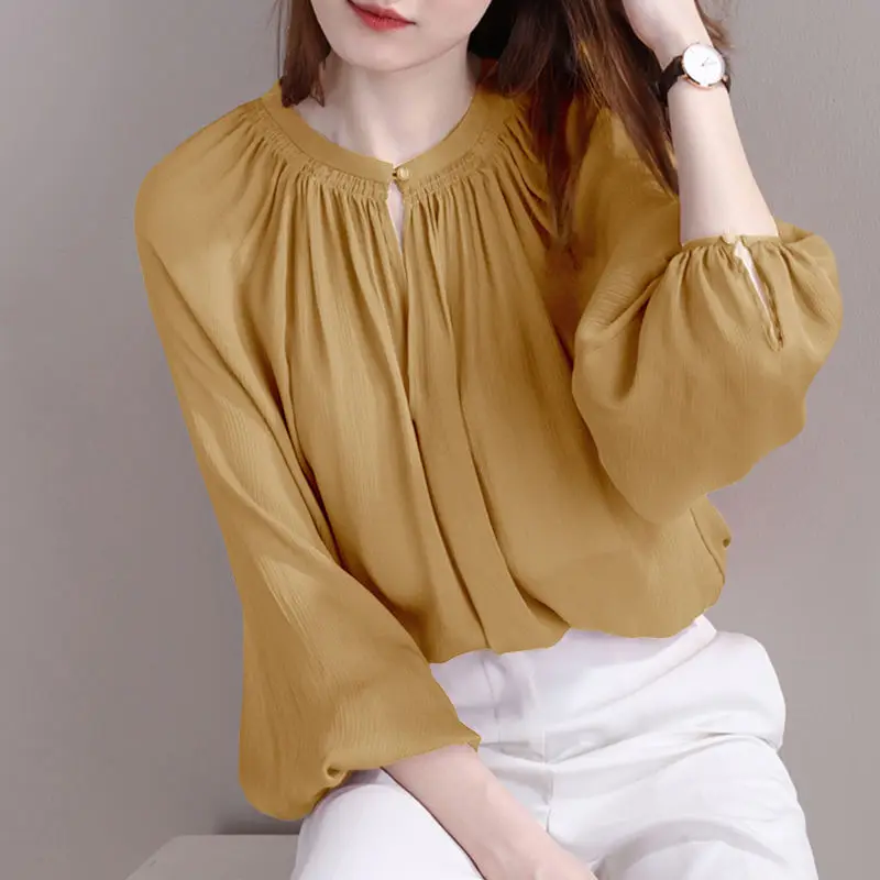 2023 Spring New Fashion Elegant Chic Ruffled Lantern Sleeve Office Lady Chiffon Shirt Casual Loose Solid Blouse Top Women Blusas