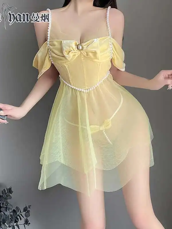 섹시한 구슬 문자열 레이스 업 투명한 달콤한 탈출 공주 슬리핑 드레스 우아한 유니폼 메쉬 레이스 쉬어 미니 드레스 TV23