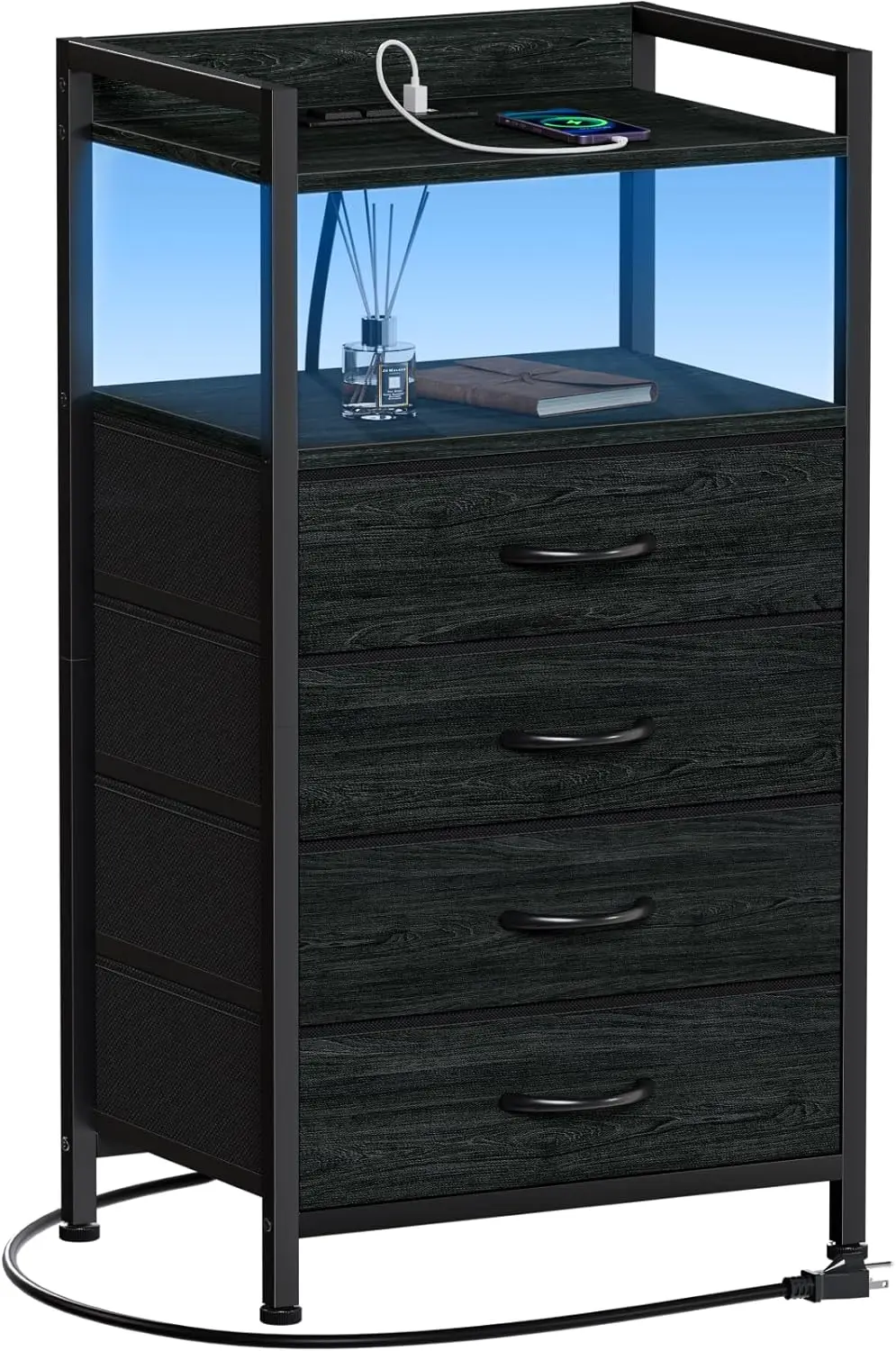 

4-Drawer Nightstand with Shelf, Tall Black Dresser for Bedroom with LED Lights and Charging Station, Wooden Furniture